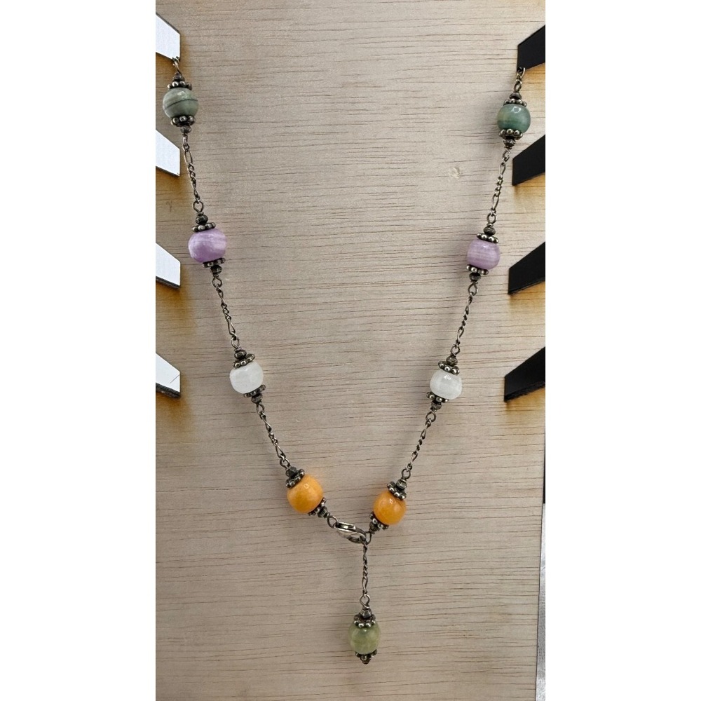 Beaded Sterling Silver‎ Necklace Polished Stone 19"